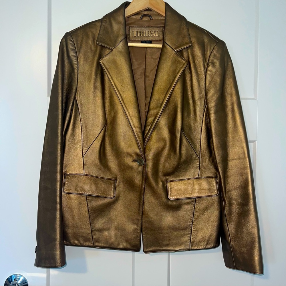 Tribal Metallic Bronze Genuine Leather Blazer Jacket Size 10 Vintage Y2K
